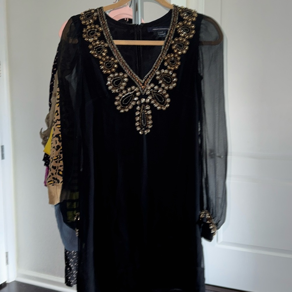 French Connection Black sequined long sleeve chiffon dress